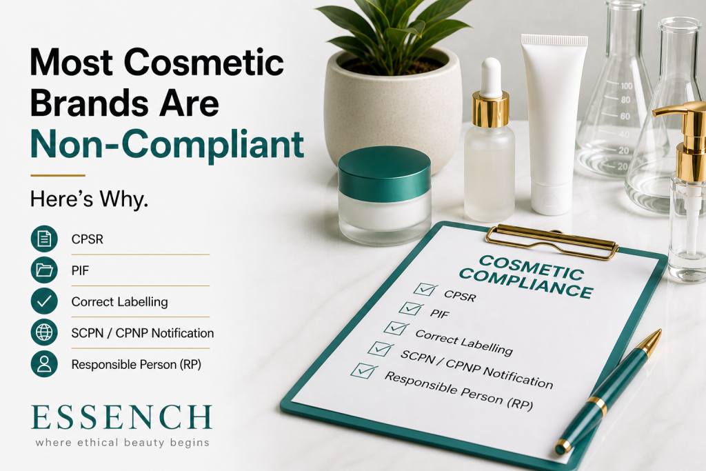 Cosmetic compliance checklist showing CPSR, PIF, labelling, SCPN notification and Responsible Person requirements for UK and EU cosmetic brands