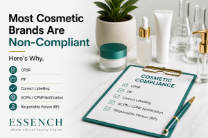 Cosmetic compliance checklist showing CPSR, PIF, labelling, SCPN notification and Responsible Person requirements for UK and EU cosmetic brands
